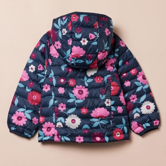 Girls Navy Floral Lightweight Water Resistant Hooded Puffer Jacket Winter Coat - Picture 3 of 7